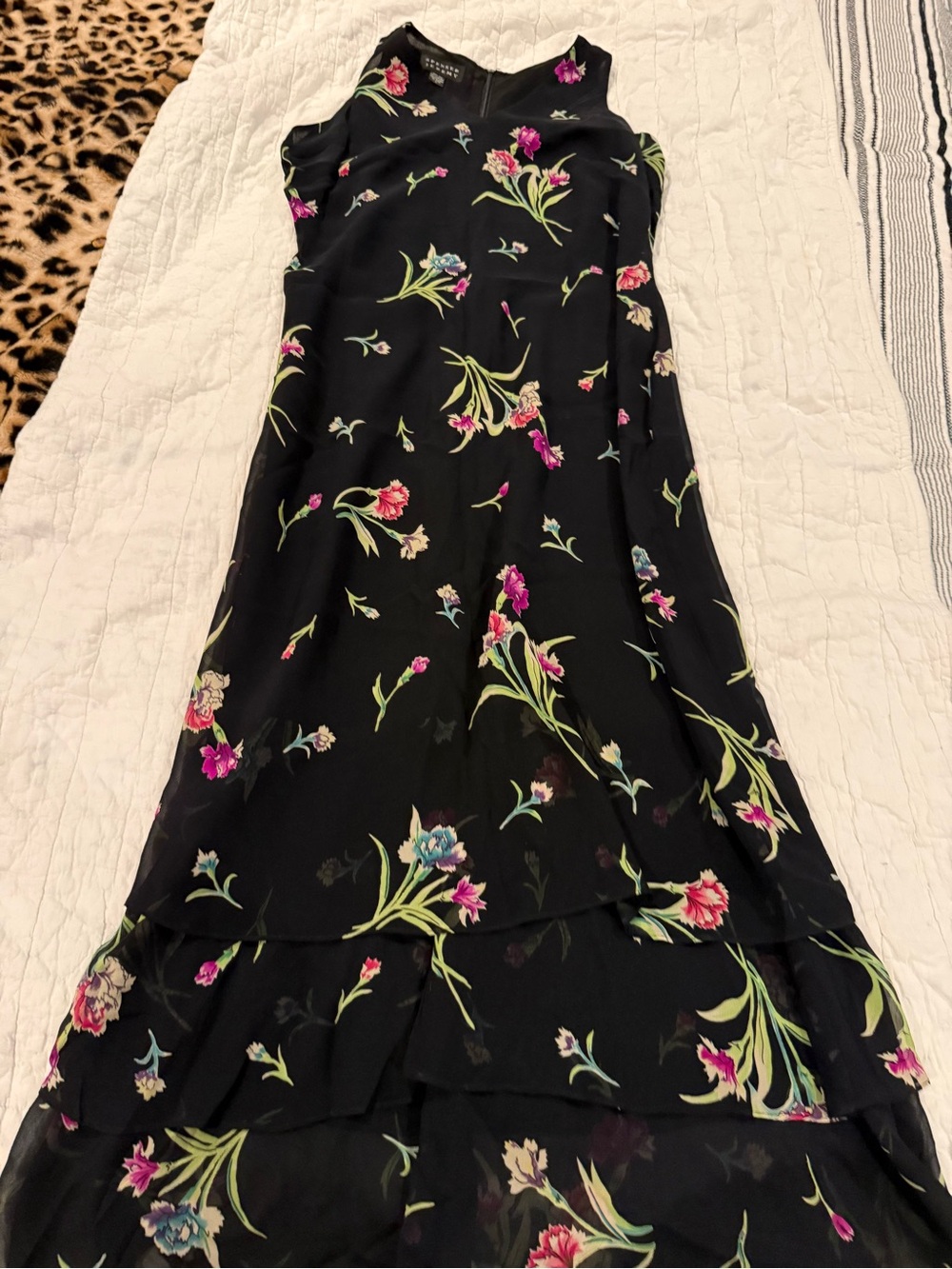VTG Black Floral Tiered Slip Dress with Pink & Green Accents no call outs
